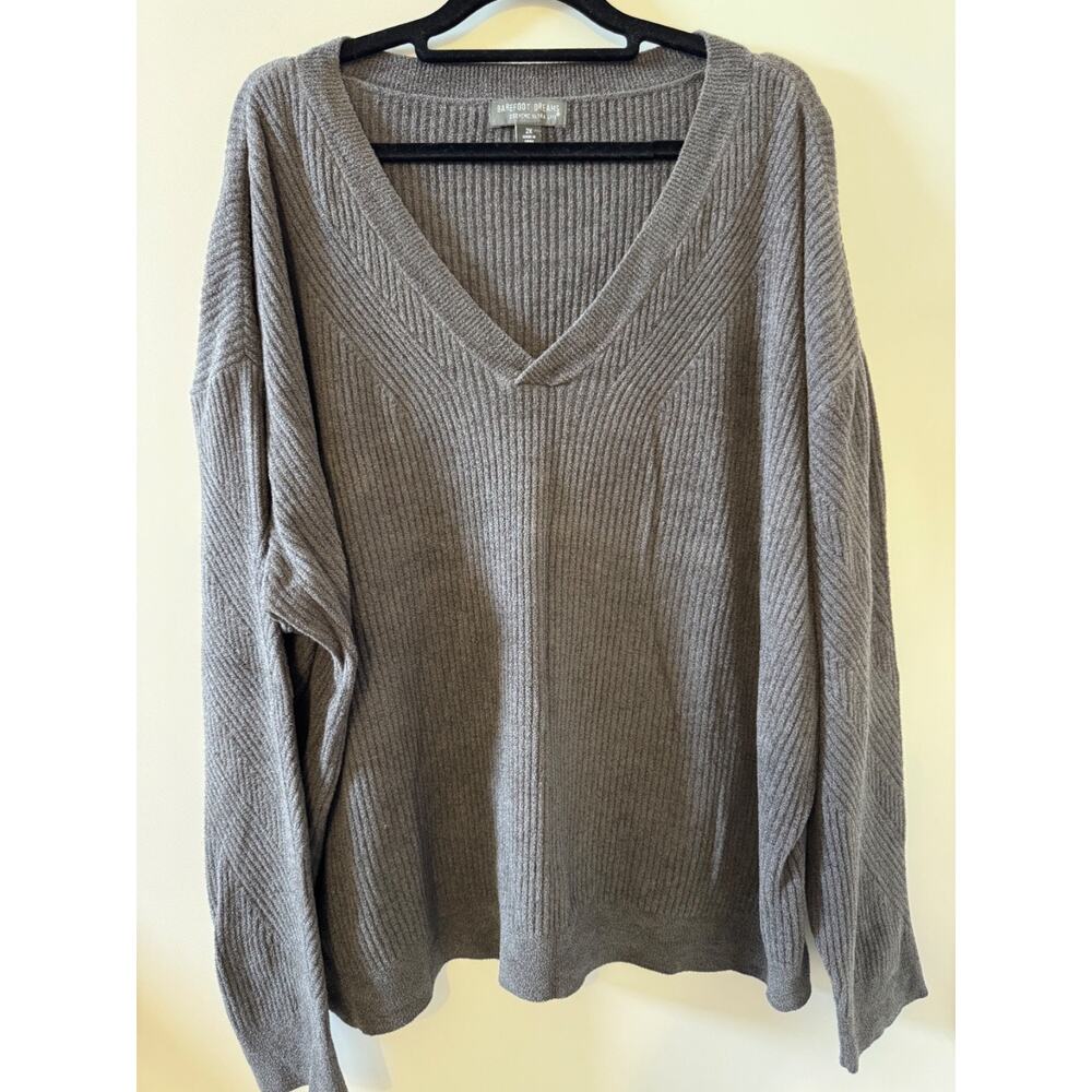 Barefoot Dreams CozyChic Ultra Lite Sweater 2X Gray V-Neck Ribbed Soft